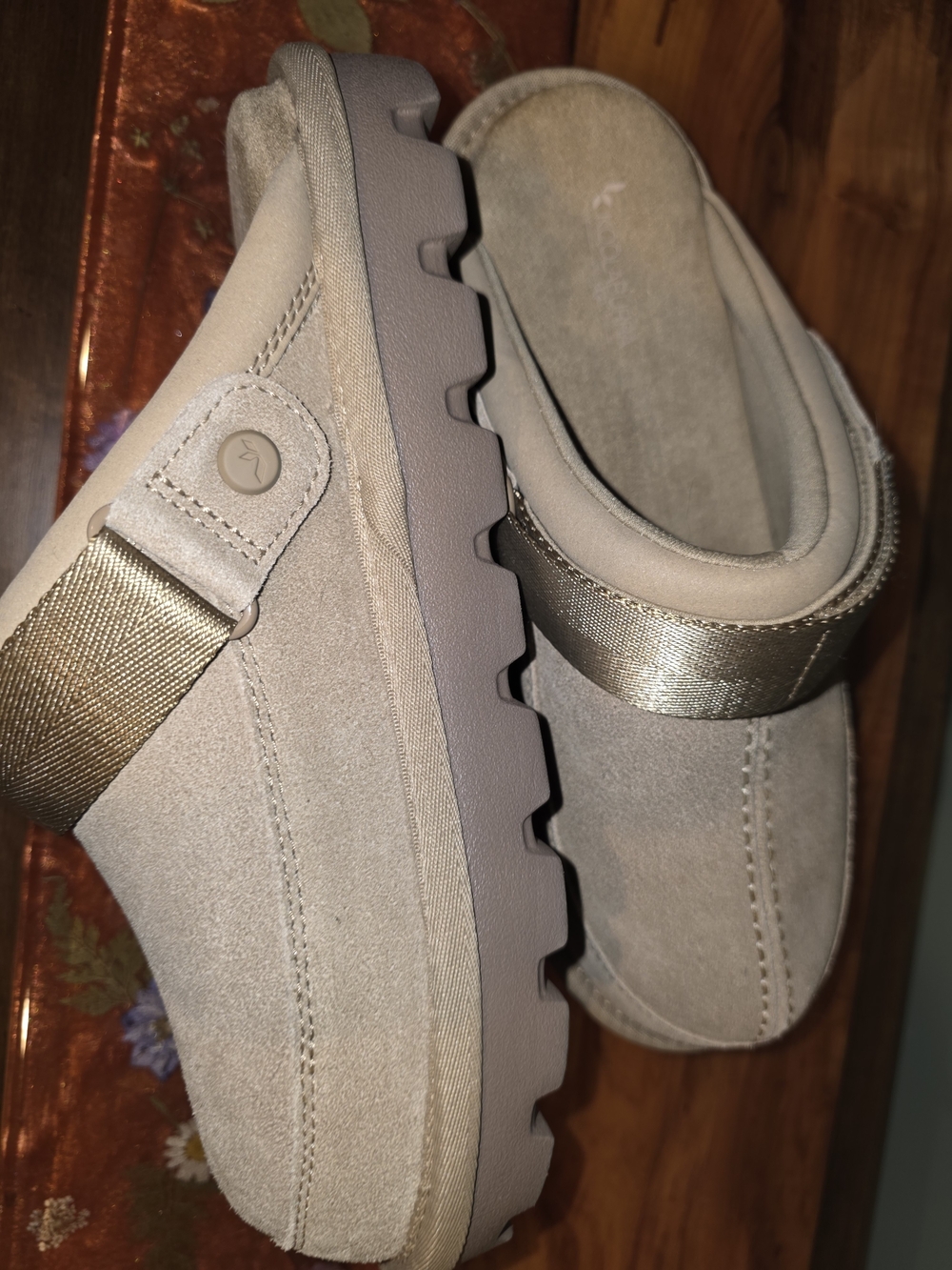 Koolaburra Tan Suede Mules with Metallic Gold Strap - Picture 8 of 10